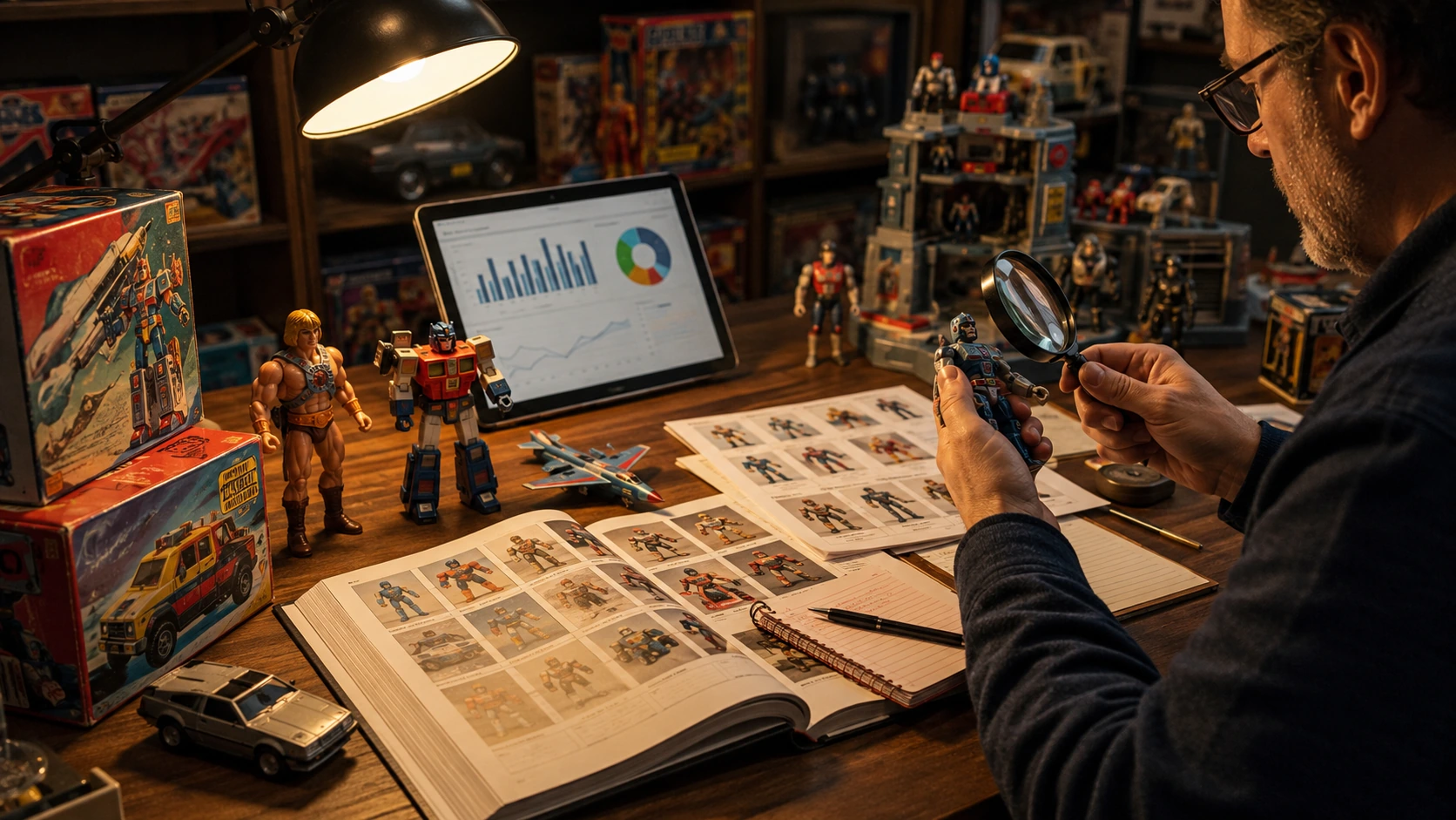 Collector researching sold prices and toy identification using catalogs, auction data, notes, and a magnifying glass