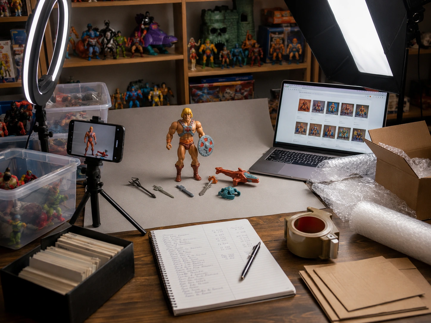 Vintage toy photography and selling workspace with lights, camera phone, packing supplies, inventory notes, and collectibles