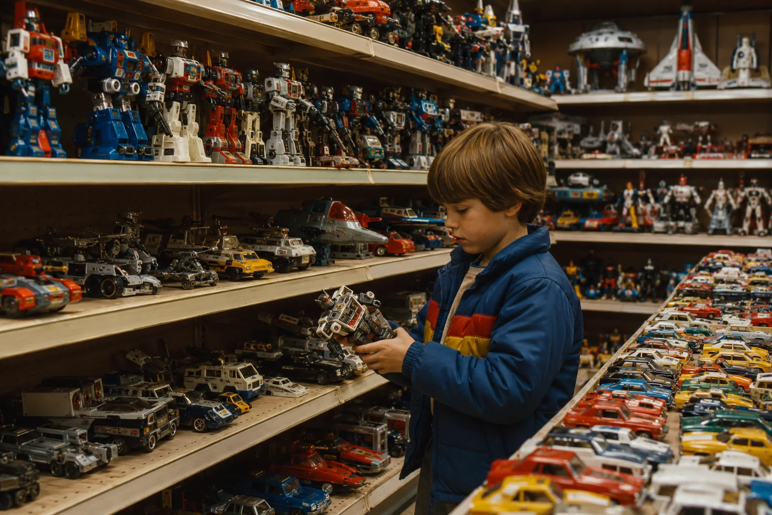 Early 1980s toy-store aisle filled with robot toys, transforming vehicles, die-cast machines, cars, and space toys before Transformers changed the category.