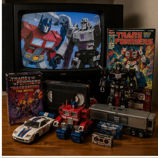 CRT television showing an animated robot battle beside comic books, VHS packaging, cassette tapes, and matching transforming robot toys.
