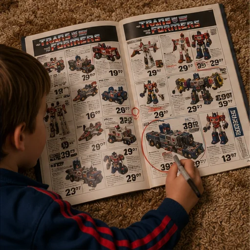 Child circling transforming robots, trucks, jets, combiners, and giant city toys in an open 1980s Christmas catalog on shag carpet.