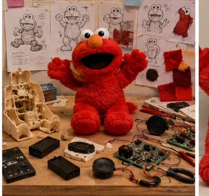 1990s toy development room with a red plush character prototype, fur samples and electronics