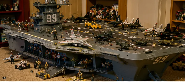 Huge vintage aircraft-carrier playset covered with fighter jets, helicopters, deck vehicles, crew figures, radar towers, elevators, and command stations.