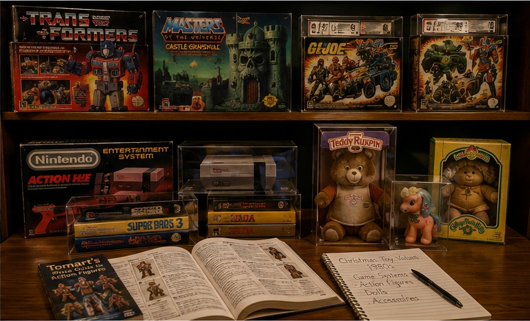 Vintage 80s Christmas toys displayed in collector cases with boxes, accessories, and price guides