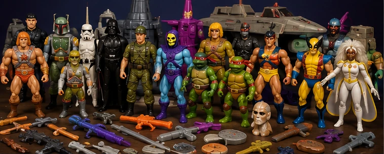 Valuable 80s action figures with original weapons, armor, masks, accessories, and display pieces