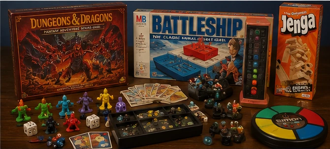 Valuable 80s board games with elaborate plastic pieces, cards, dice, electronic components, and boxed sets