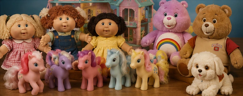 Valuable 80s dolls, colorful ponies, plush bears, character toys, pets, and boxed playsets