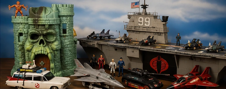 Large 80s toy vehicles and giant playsets including castles, headquarters, aircraft, cars, and military vehicles
