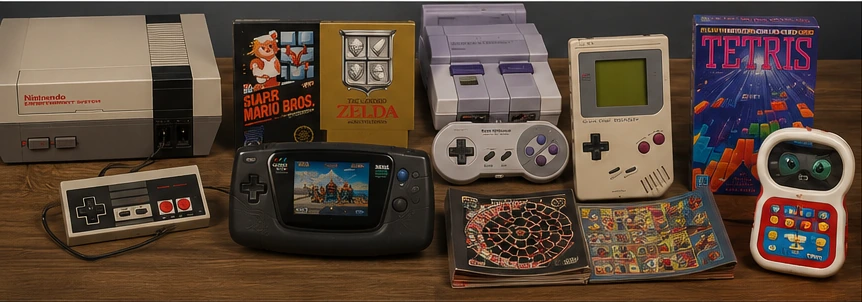 Valuable 80s video games and electronic toys including a vintage console, cartridges, handheld systems, and boxed games