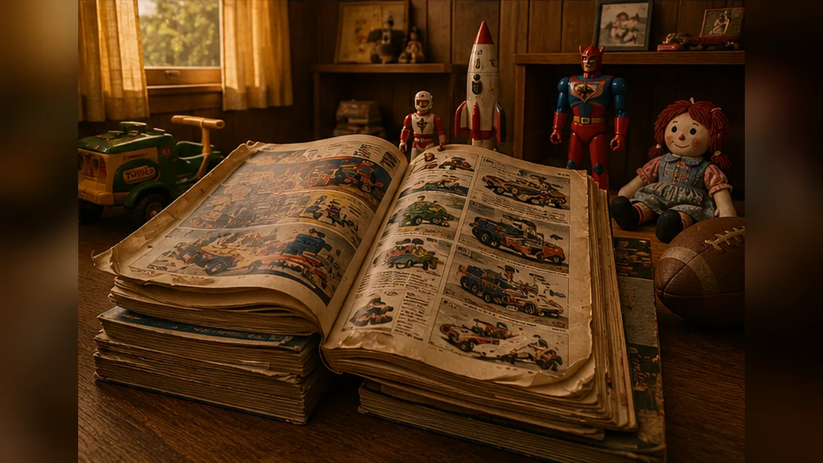 A worn stack of vintage 1970s toy catalogs open beside surviving childhood toys