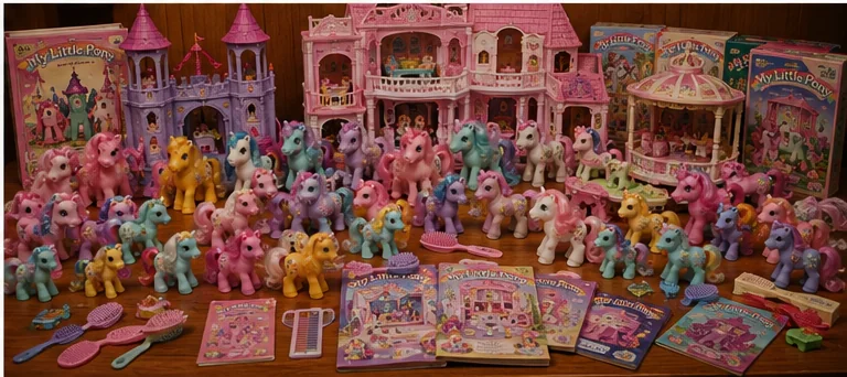 Warm collector display filled with original six ponies, Rainbow Ponies, Sea Ponies, babies, So Soft Ponies, Flutter Ponies, playsets, packaging, catalogs, combs, and ribbons.