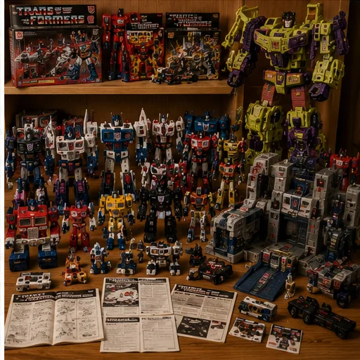 Warm collector display filled with boxed and loose vintage transforming robots, Dinobots, combiners, city playsets, instruction sheets, and organized accessories.