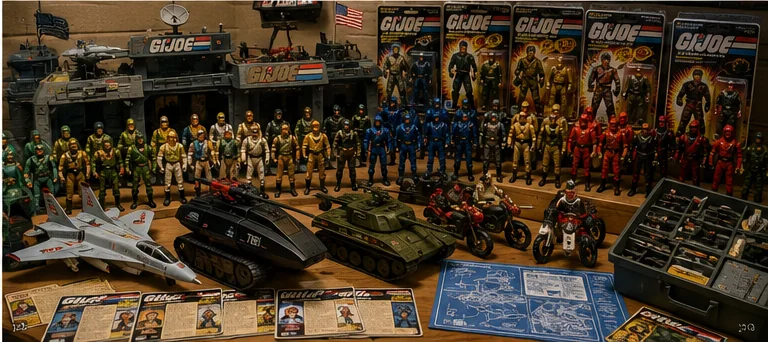 Warm collector display filled with loose and carded military action figures, enemy troops, jets, tanks, motorcycles, headquarters pieces, file cards, blueprints, and organized accessories.