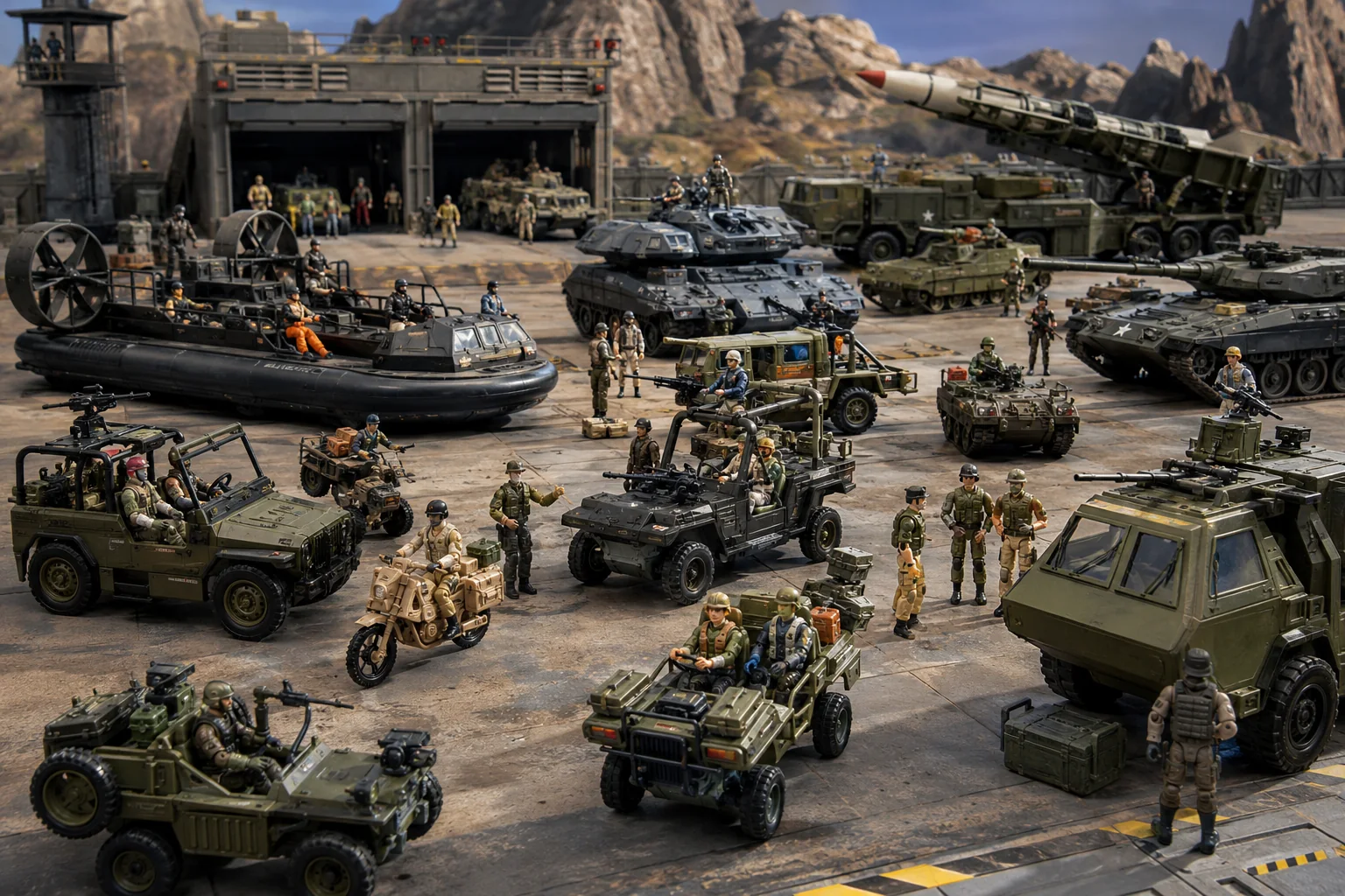 Large 1980s military toy motor pool filled with jeeps, tanks, motorcycles, missile systems, hovercraft, armored vehicles, and action figures preparing for deployment.