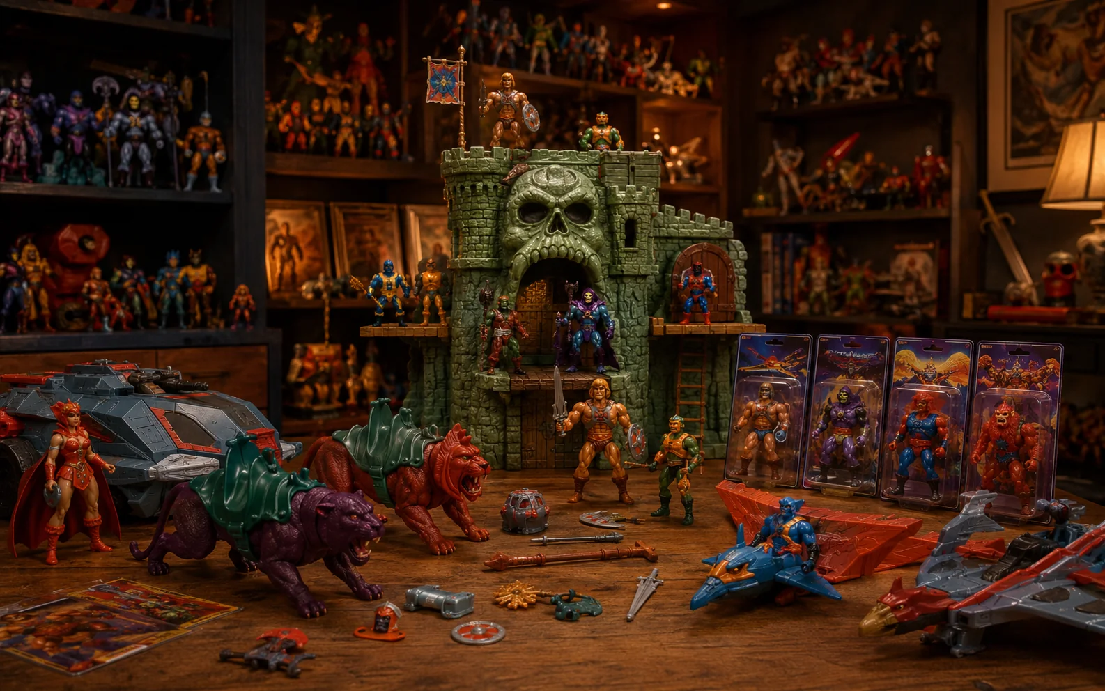 Warm collector display of vintage fantasy action figures, carded toys, beasts, vehicles, accessories, and a skull castle.