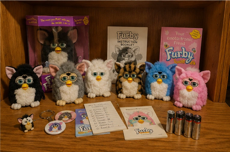 Vintage original Furby collection with boxed examples, instruction booklets and several fur colors