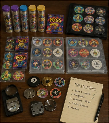 Vintage Pog collector display with numbered sets, foil caps, slammers, tubes and archival pages