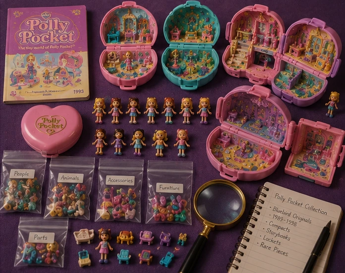 Organized vintage Polly Pocket collection with Bluebird compacts, labeled dolls, bagged accessories, catalog and magnifying glass