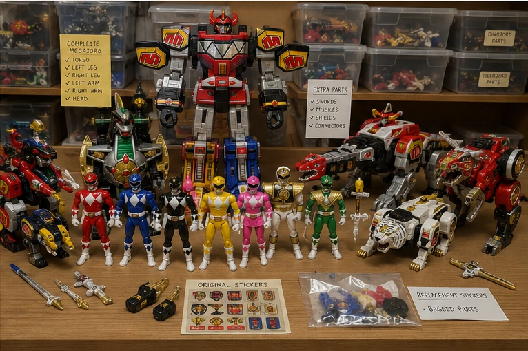 Vintage Power Rangers collector display with figures, Megazords, labeled parts, stickers and organized accessories