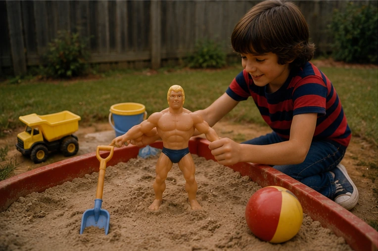 Stretch Armstrong being handled outdoors in a scene illustrating the condition risks of active play