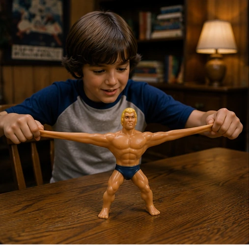 Child examining the flexibility and overall condition of a vintage Stretch Armstrong figure