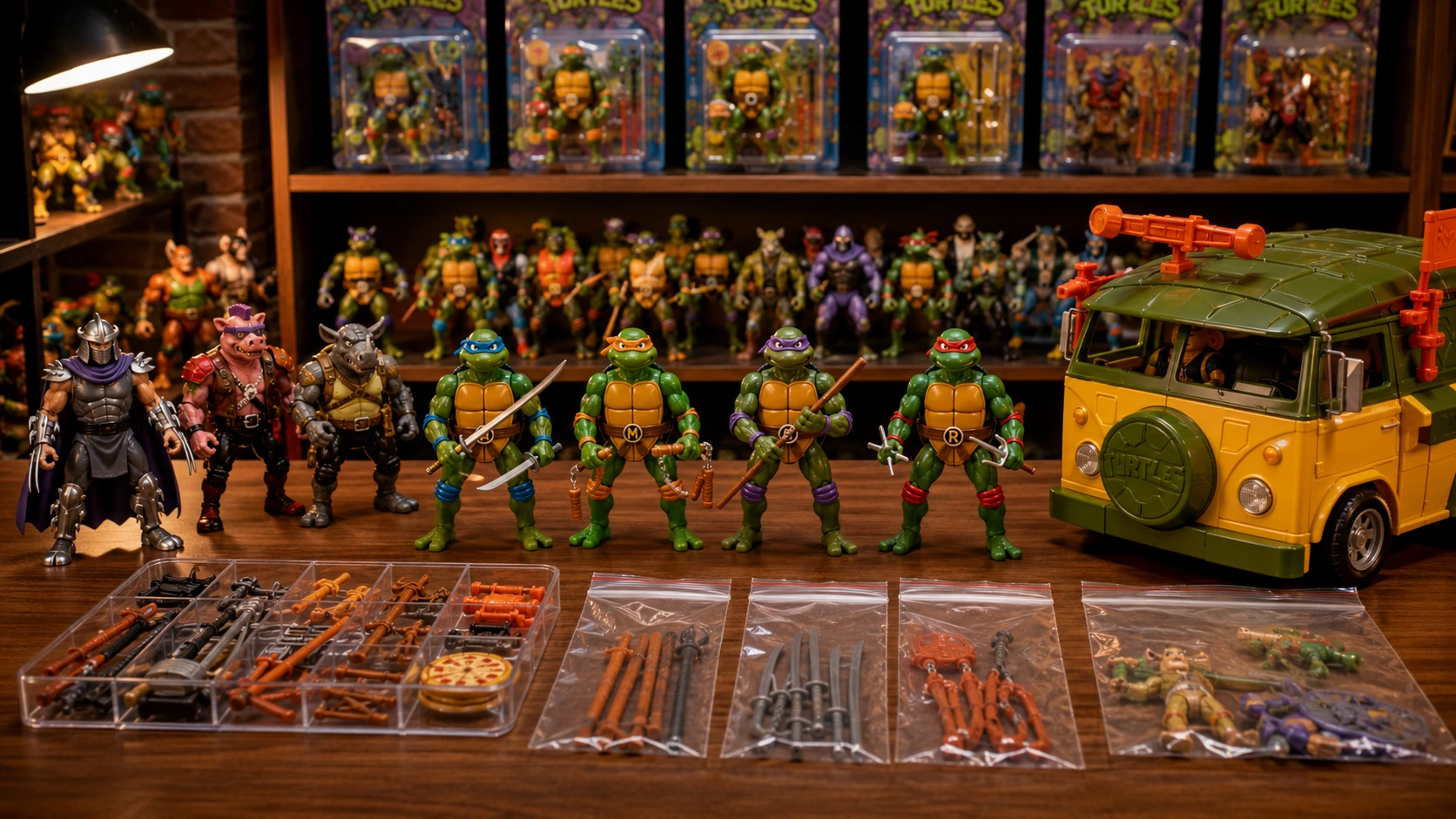 Organized vintage TMNT collection with carded figures, loose Turtles, labeled weapons, bagged parts and a Party Wagon