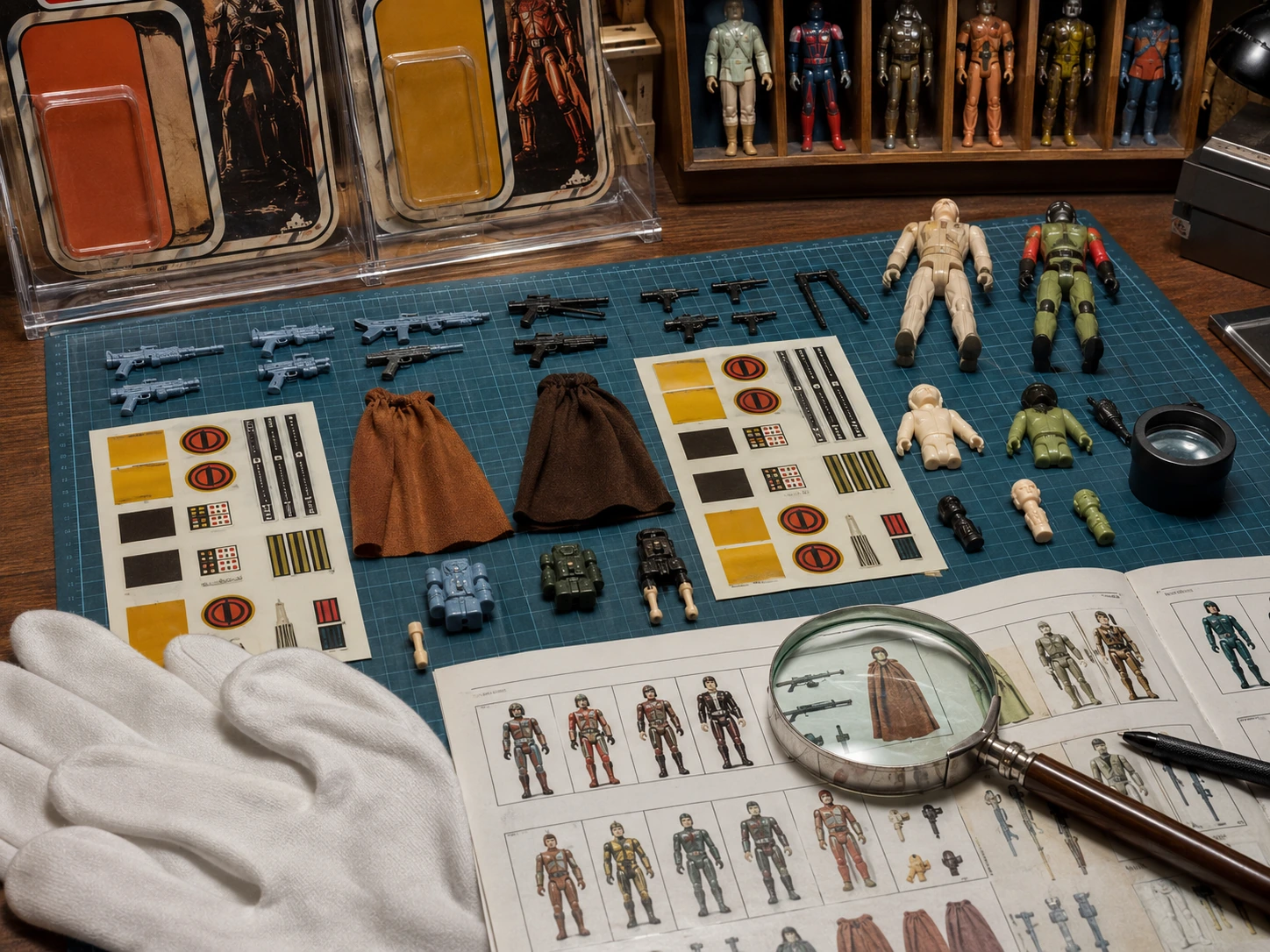 Action figure authentication and restoration workspace with original and reproduction weapons, stickers, parts, gloves, and reference guides