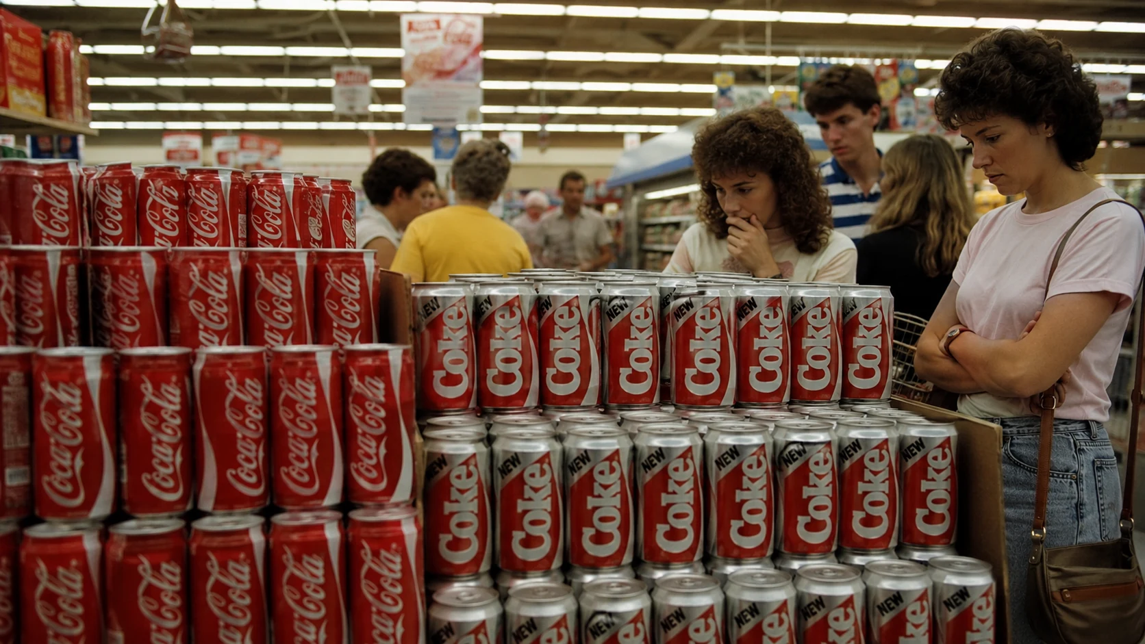 1980s supermarket display showing original Coca-Cola and New Coke during the formula-change era