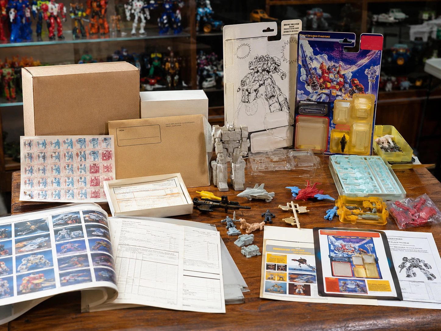 Vintage toy collector setup with mail-away boxes, proof-of-purchase forms, test pieces, packaging samples, and prototype-style materials
