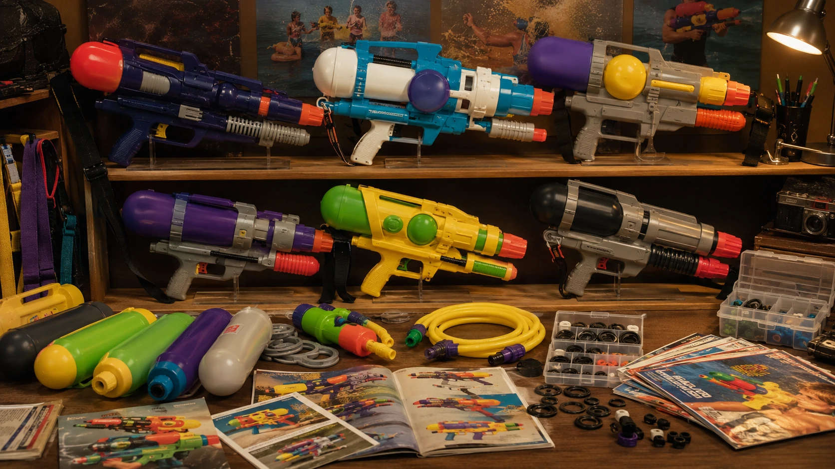 Organized vintage-style water blaster collection with tanks, hoses, O-rings, catalogs and repair parts