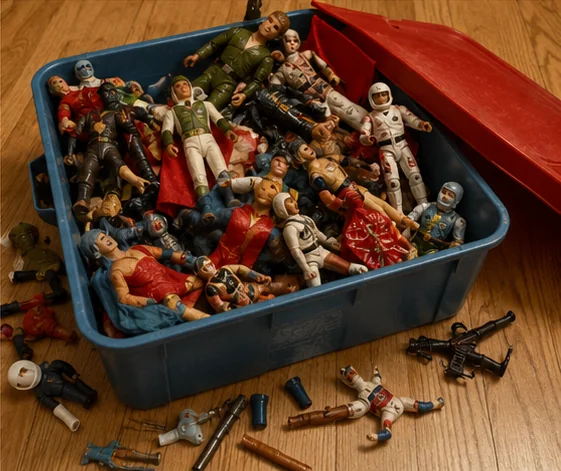 Old toy box filled with well-played 1970s action figures and loose accessories scattered on the floor