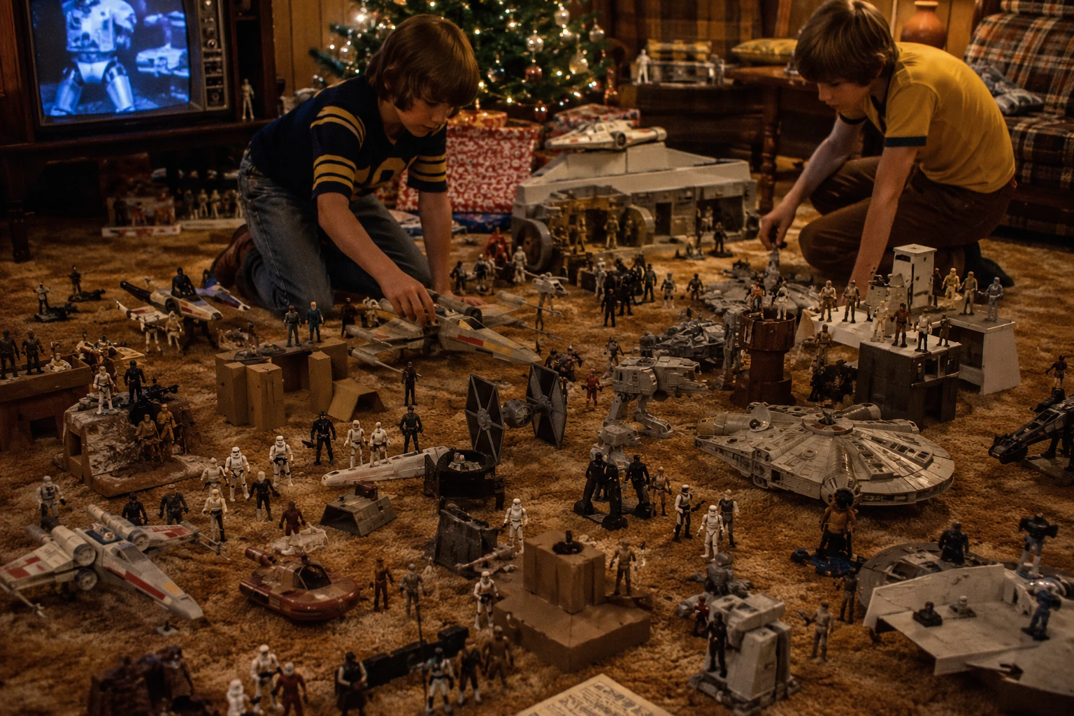 Two children playing with a heavily used late-1970s space-toy collection across worn shag carpet