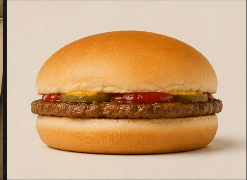 Large hamburger bun with a small beef patty illustrating the Where's the Beef joke