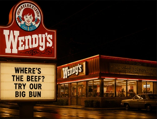 Recreated nighttime 1984 Wendy's restaurant and drive-through sign promoting the Where's the Beef campaign