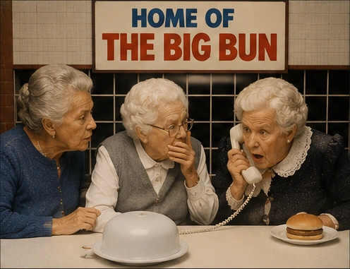 Three older women examining a giant hamburger bun in a recreated 1984 fast-food commercial scene