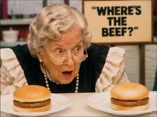 Recreated 1984 fast-food commercial scene inspired by Clara Peller and the Where's the Beef campaign