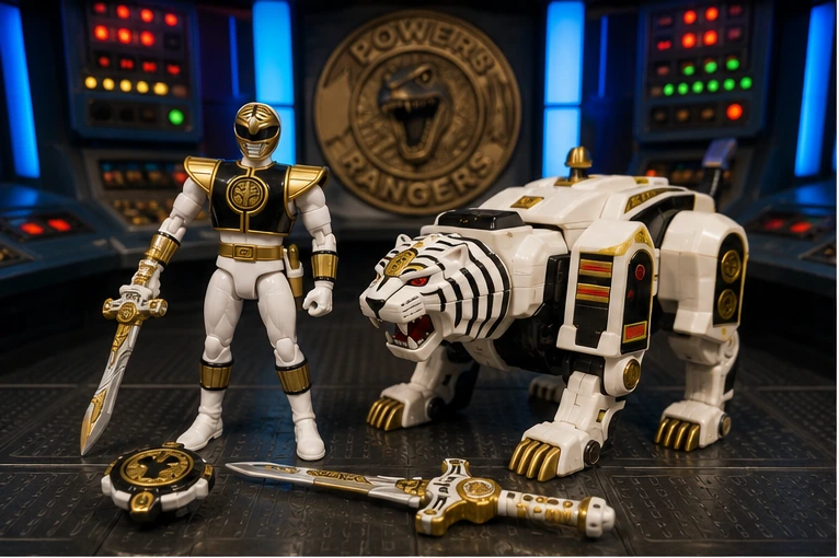 White Ranger figure, Saba-style sword, Morpher and White Tigerzord toy displayed in a command-center setting