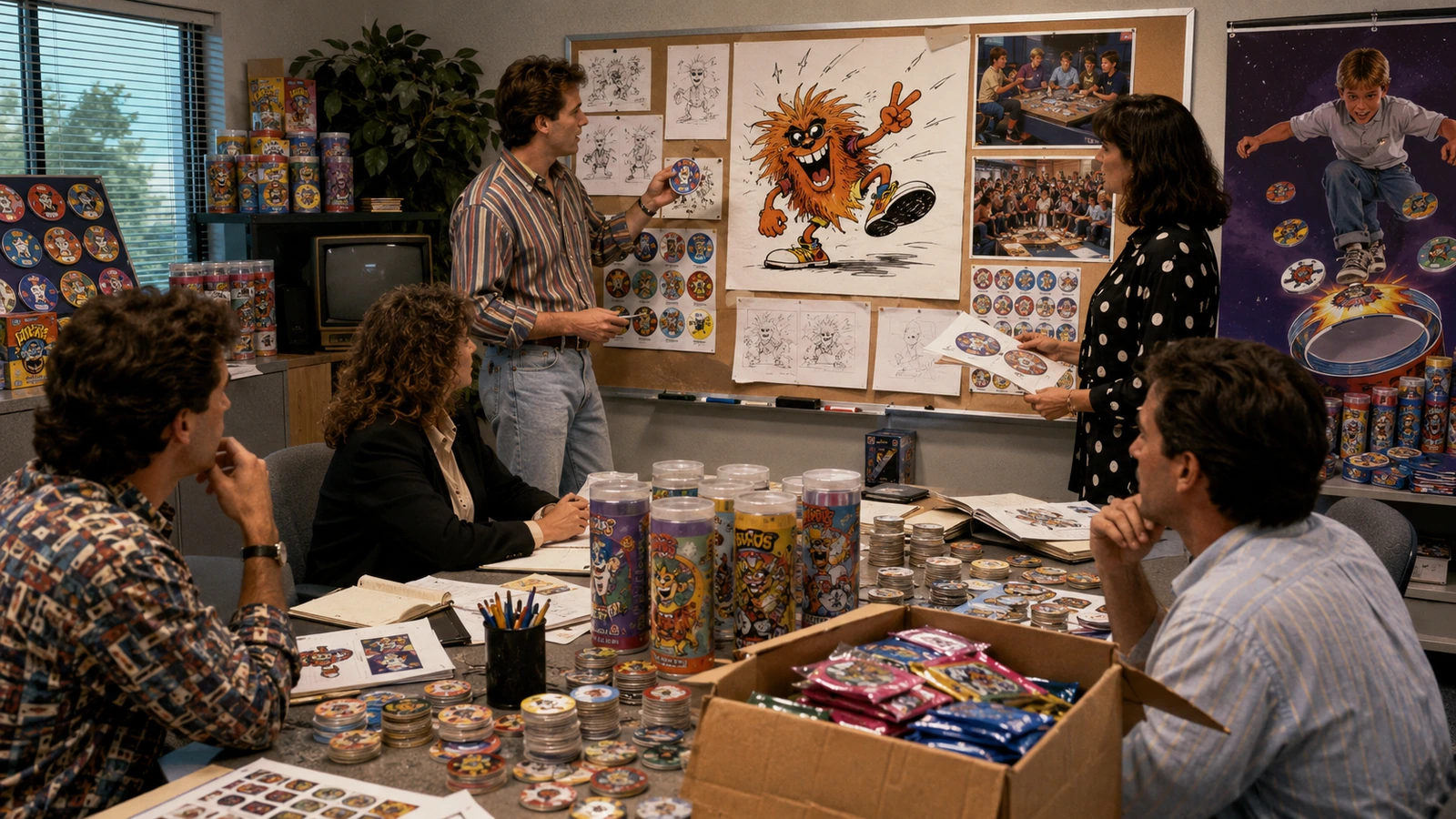 1990s toy-company meeting developing Pog packs, tubes, tournament posters and mascot artwork