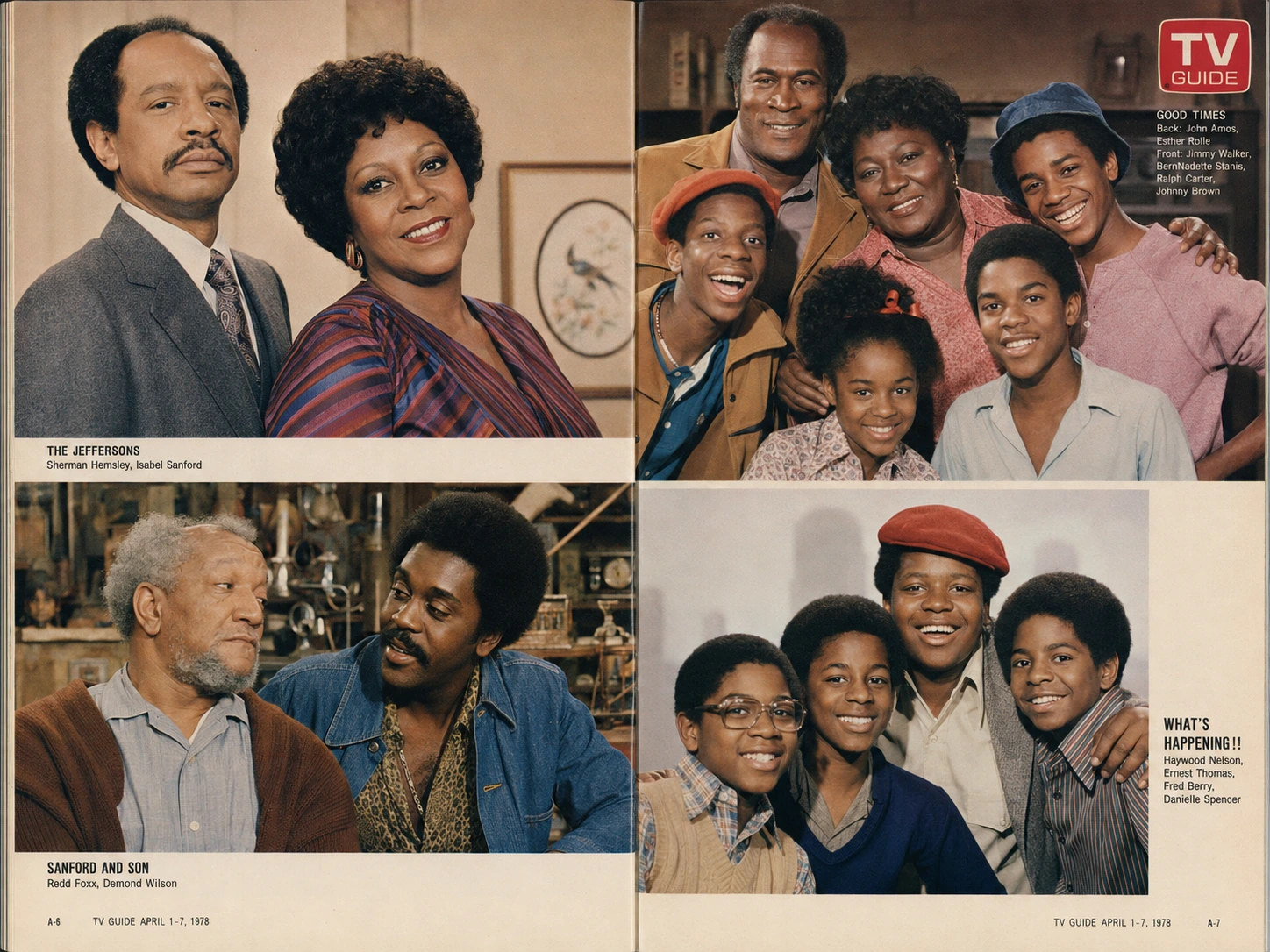 Vintage TV Guide spread featuring The Jeffersons, Good Times, Sanford and Son and What’s Happening