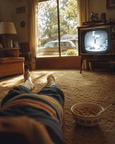 1970s child in pajamas watching Saturday morning cartoons with cereal nearby