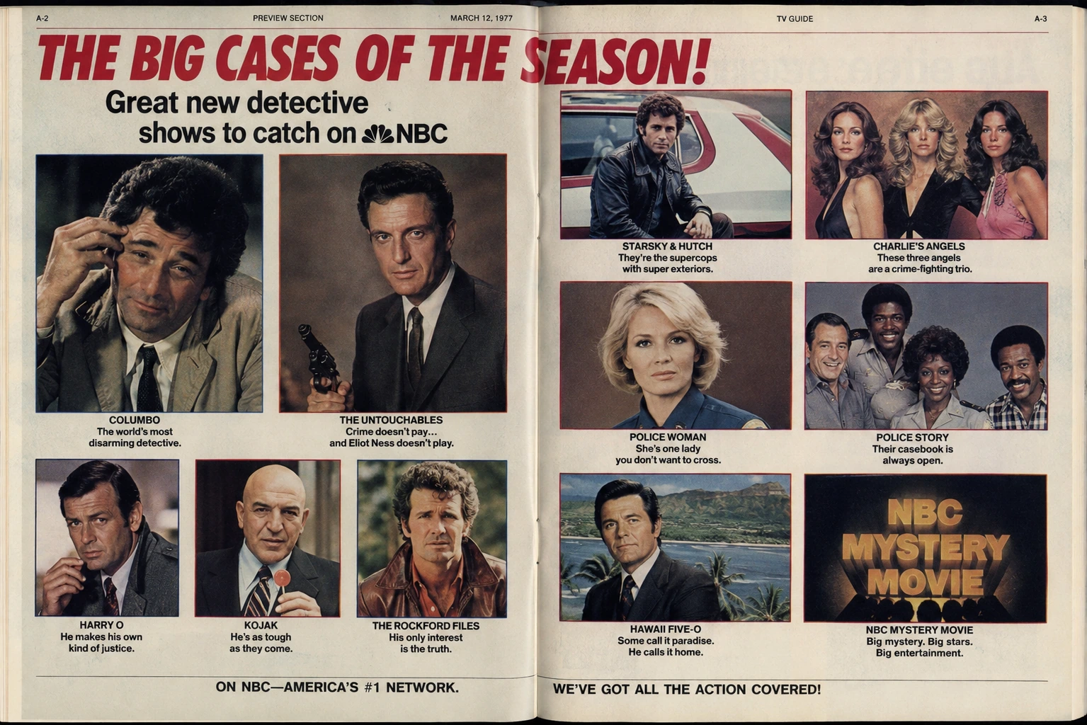 Editorial recreation of a 1970s TV Guide-style spread featuring major crime and detective shows