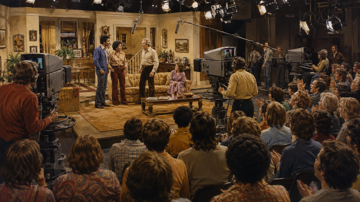 A 1970s multicamera sitcom set being recorded before a live studio audience.