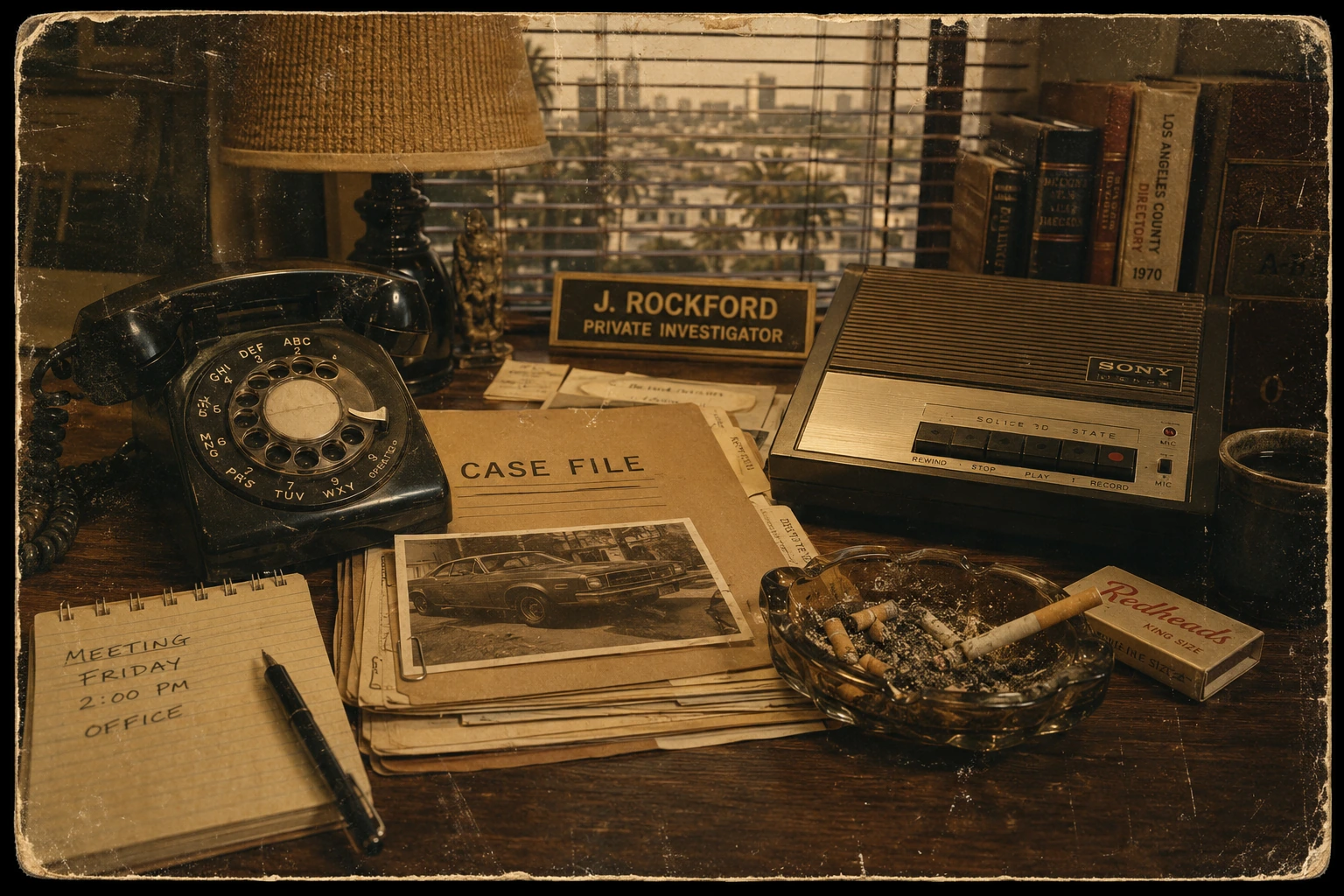 Aged 1970s private investigator desk with rotary phone, answering machine, case files and ashtray