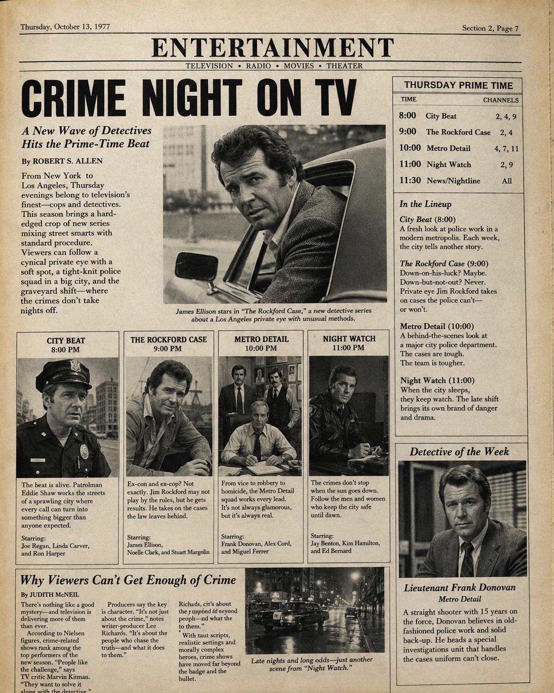 Period-style 1977 newspaper entertainment page devoted to a prime-time crime-show lineup