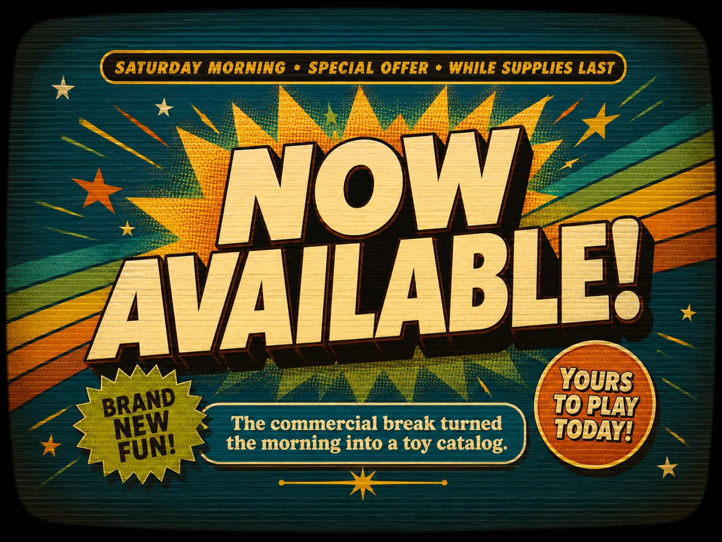 Retro 1970s toy-commercial title card reading Now Available