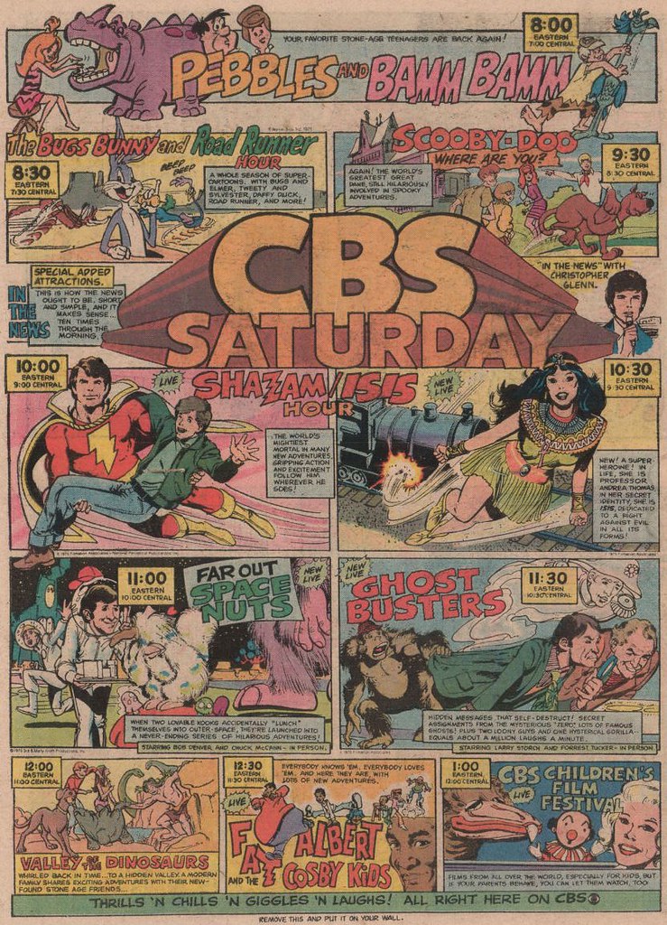 CBS Saturday morning lineup advertisement featuring Shazam, Isis, The Ghost Busters and Fat Albert