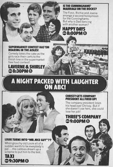 American television schedule from the 1970s featuring popular sitcoms