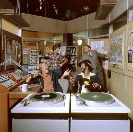 Authentic WKRP in Cincinnati radio control-room and station-set production still