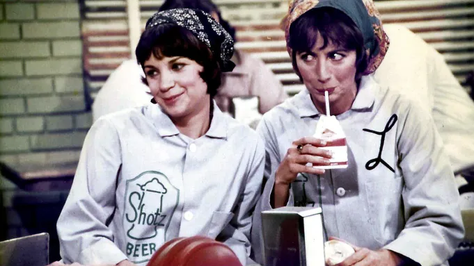 Penny Marshall and Cindy Williams performing physical comedy on Laverne and Shirley