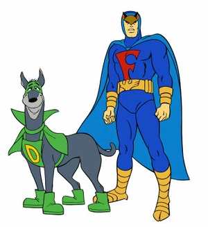 Blue Falcon standing with Dynomutt